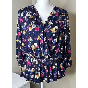 Lauren Ralph Lauren Black Label Shianeta Floral Print V Neck Blouse Top Sz L NWT